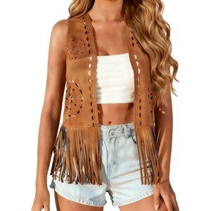 Womens Tassel Vest Faux Suede Boho Western Sleeveless Open-Front Top